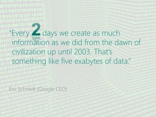 “Every ….. days we create as much
 information as we did from the dawn of
 civilization up until 2003. That’s
 something like five exabytes of data.”


Eric Schmidt (Google CEO)
 