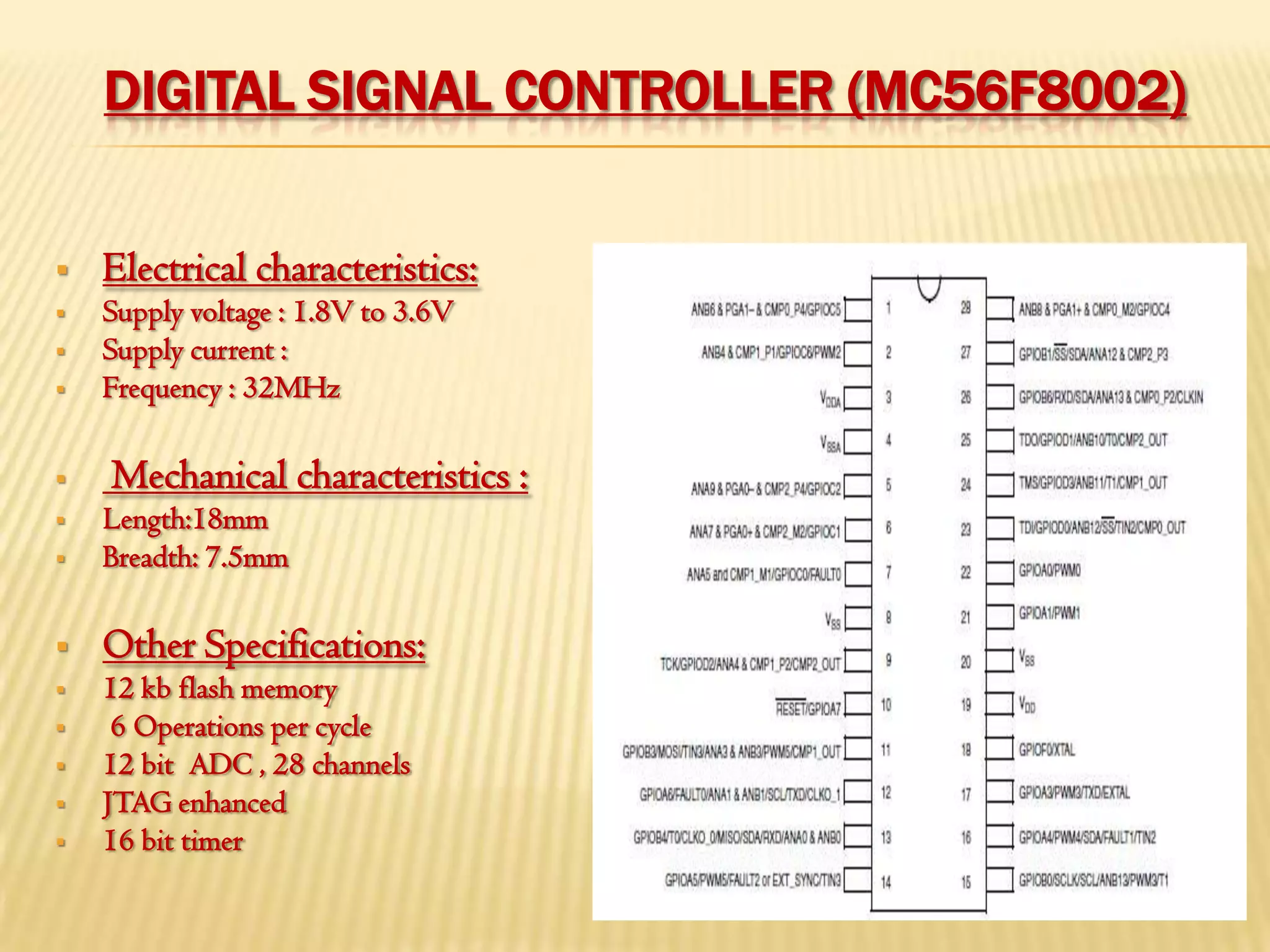 DIGITAL SIGNAL CONTROLLER (MC56F8002)


   Electrical characteristics:
   Supply voltage : 1.8V to 3.6V
   Supply current :
   Frequency : 32MHz

   Mechanical characteristics :
   Length:18mm
   Breadth: 7.5mm

   Other Specifications:
   12 kb flash memory
    6 Operations per cycle
   12 bit ADC , 28 channels
   JTAG enhanced
   16 bit timer
 