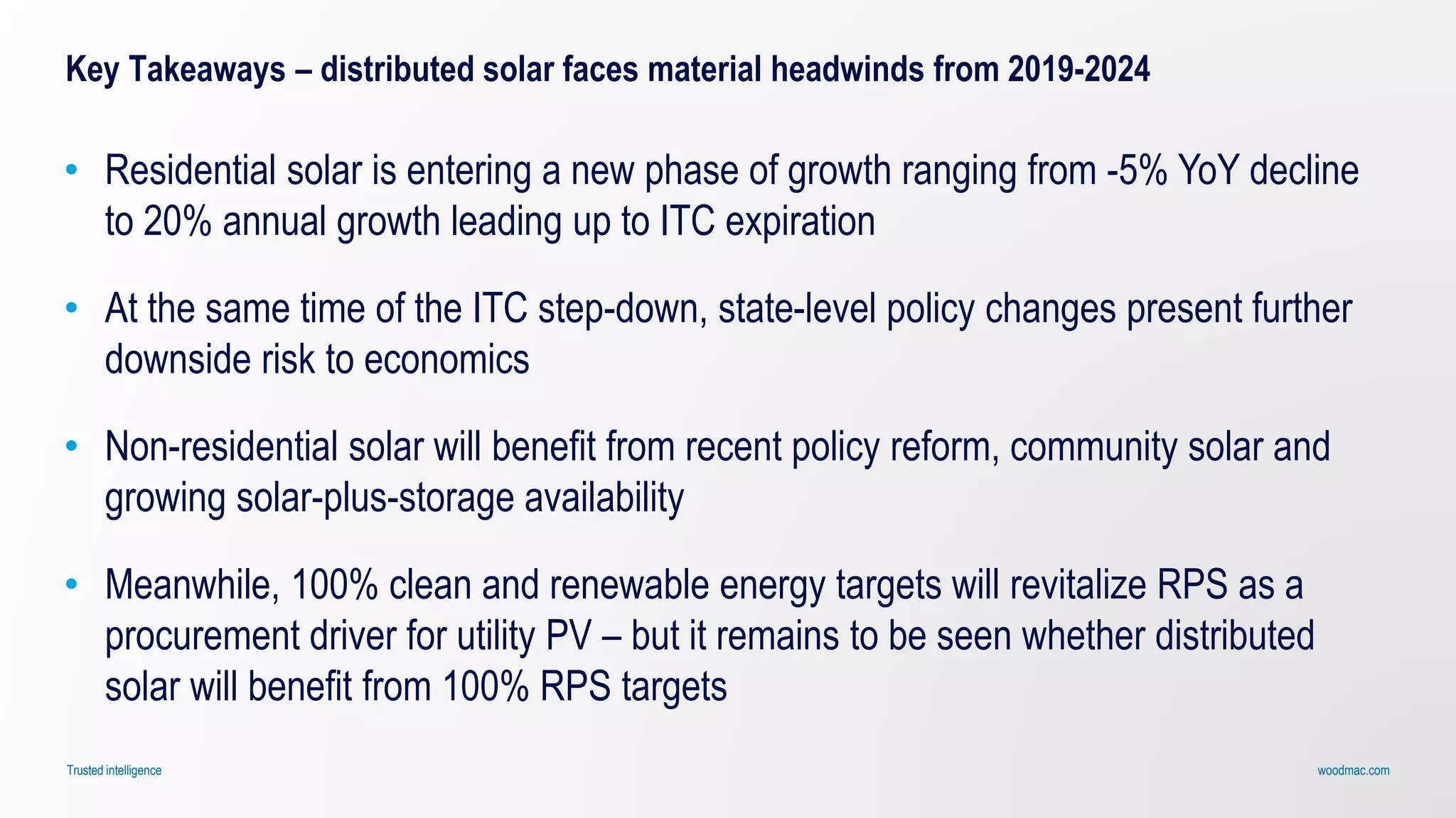 woodmac.comTrusted intelligence
Key Takeaways – distributed solar faces material headwinds from 2019-2024
• Residential solar is entering a new phase of growth ranging from -5% YoY decline
to 20% annual growth leading up to ITC expiration
• At the same time of the ITC step-down, state-level policy changes present further
downside risk to economics
• Non-residential solar will benefit from recent policy reform, community solar and
growing solar-plus-storage availability
• Meanwhile, 100% clean and renewable energy targets will revitalize RPS as a
procurement driver for utility PV – but it remains to be seen whether distributed
solar will benefit from 100% RPS targets
 