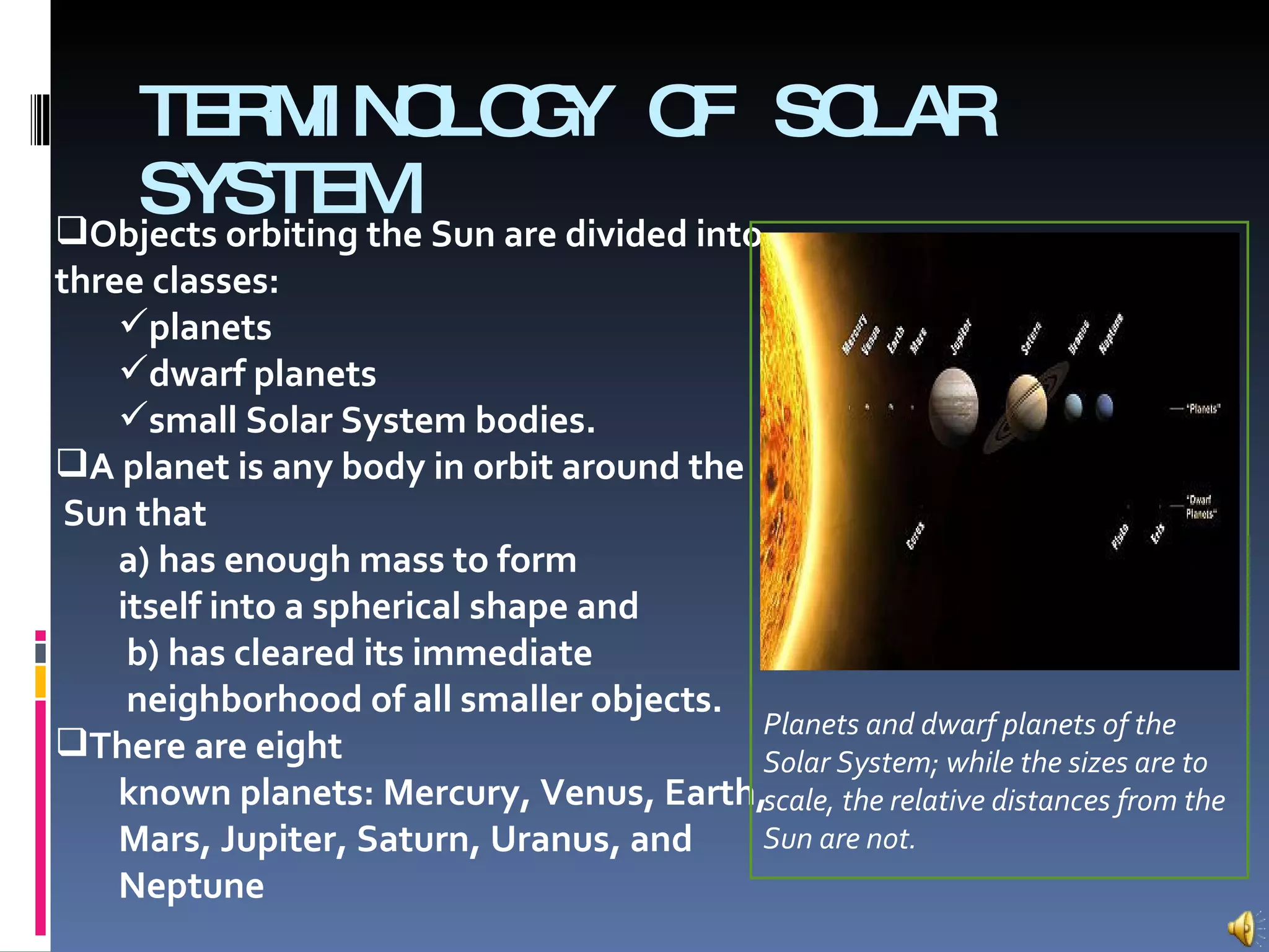 TERMINOLOGY OF SOLAR SYSTEM Objects orbiting the Sun are divided into three classes:  planets dwarf planets small Solar System bodies. A planet is any body in orbit around the Sun that a) has enough mass to form itself into a spherical shape and b) has cleared its immediate neighborhood of all smaller objects.  There are eight known planets: Mercury, Venus, Earth, Mars, Jupiter, Saturn, Uranus, and Neptune Planets and dwarf planets of the Solar System; while the sizes are to scale, the relative distances from the Sun are not. 