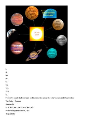 I.
II.
III.
IV.
V.
VI.
VII.
VIII.
IX.
Focus: To teach students facts and information about the solar system and it's creation
The Solar    System
Standards:
S1.1, S1.2, S1.3, S6.1, S6.2, S6.3, S7.1
Performance Indicator:1.1 a-c
Hyperlinks
 