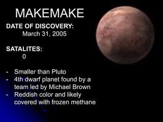 MAKEMAKE
DATE OF DISCOVERY:
    March 31, 2005

SATALITES:
    0

- Smaller than Pluto
- 4th dwarf planet found by a
  team led by Michael Brown
- Reddish color and likely
  covered with frozen methane
 