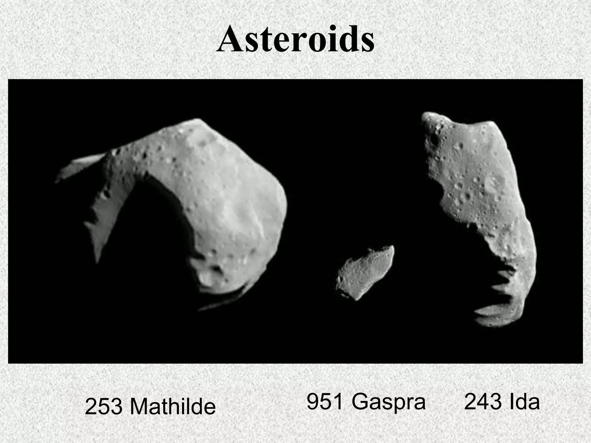 Asteroids

253 Mathilde

951 Gaspra

243 Ida

 