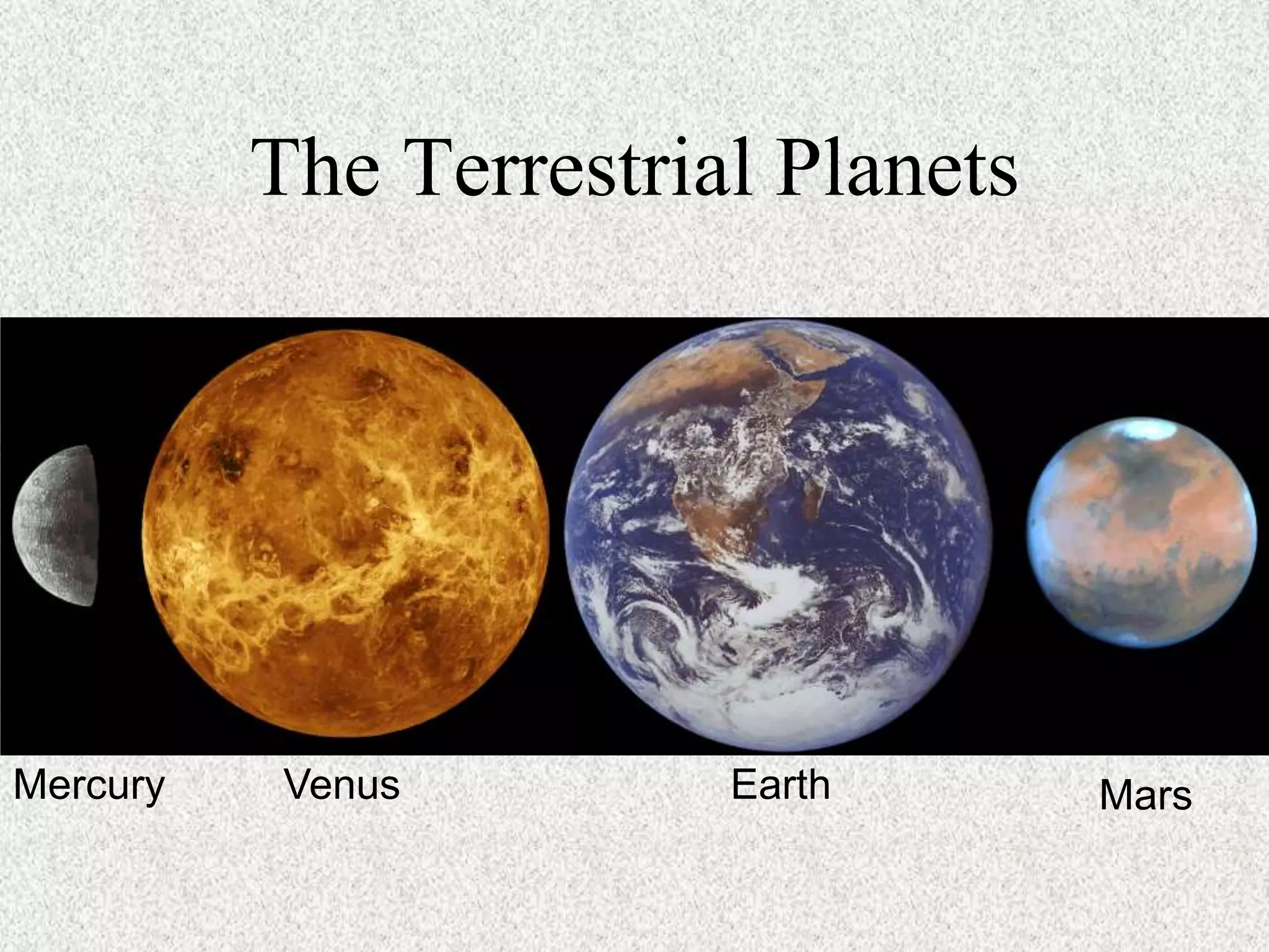The Terrestrial Planets

Mercury

Venus

Earth

Mars

 