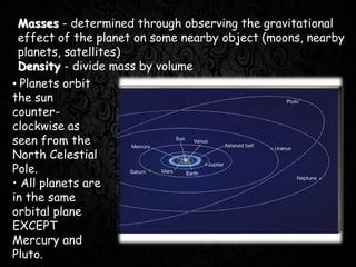 Masses - determined through observing the gravitational
effect of the planet on some nearby object (moons, nearby
planets, satellites)
Density - divide mass by volume
• Planets orbit
the sun
counter-
clockwise as
seen from the
North Celestial
Pole.
• All planets are
in the same
orbital plane
EXCEPT
Mercury and
Pluto.
 