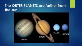 The OUTER PLANETS are farther from
the sun
JUPITER
SATURN
URANUS
NEPTUNE