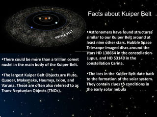 Facts about Kuiper Belt
There could be more than a trillion comet
nuclei in the main body of the Kuiper Belt.
The largest Kuiper Belt Objects are Pluto,
Quaoar, Makemake, Haumea, Ixion, and
Varuna. These are often also referred to as
Trans-Neptunian Objects (TNOs).
Astronomers have found structures
similar to our Kuiper Belt around at
least nine other stars. Hubble Space
Telescope imaged discs around the
stars HD 138664 in the constellation
Lupus, and HD 53143 in the
constellation Carina.
The ices in the Kuiper Belt date back
to the formation of the solar system.
They contain clues to conditions in
the early solar nebula
 