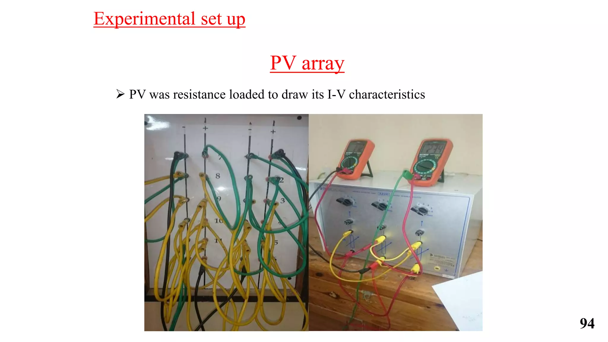 PV array
 PV was resistance loaded to draw its I-V characteristics
Experimental set up
94
 