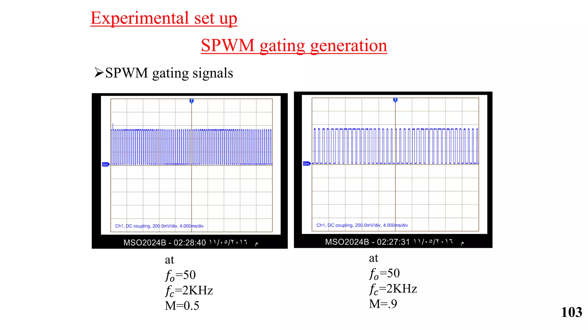 SPWM gating generation
SPWM gating signals
at
𝑓𝑜=50
𝑓𝑐=2KHz
M=0.5
at
𝑓𝑜=50
𝑓𝑐=2KHz
M=.9
Experimental set up
103
 