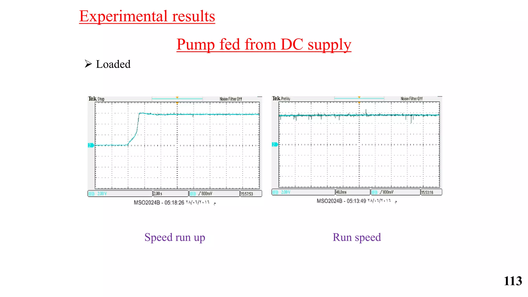 Pump fed from DC supply
 Loaded
Speed run up Run speed
Experimental results
113
 