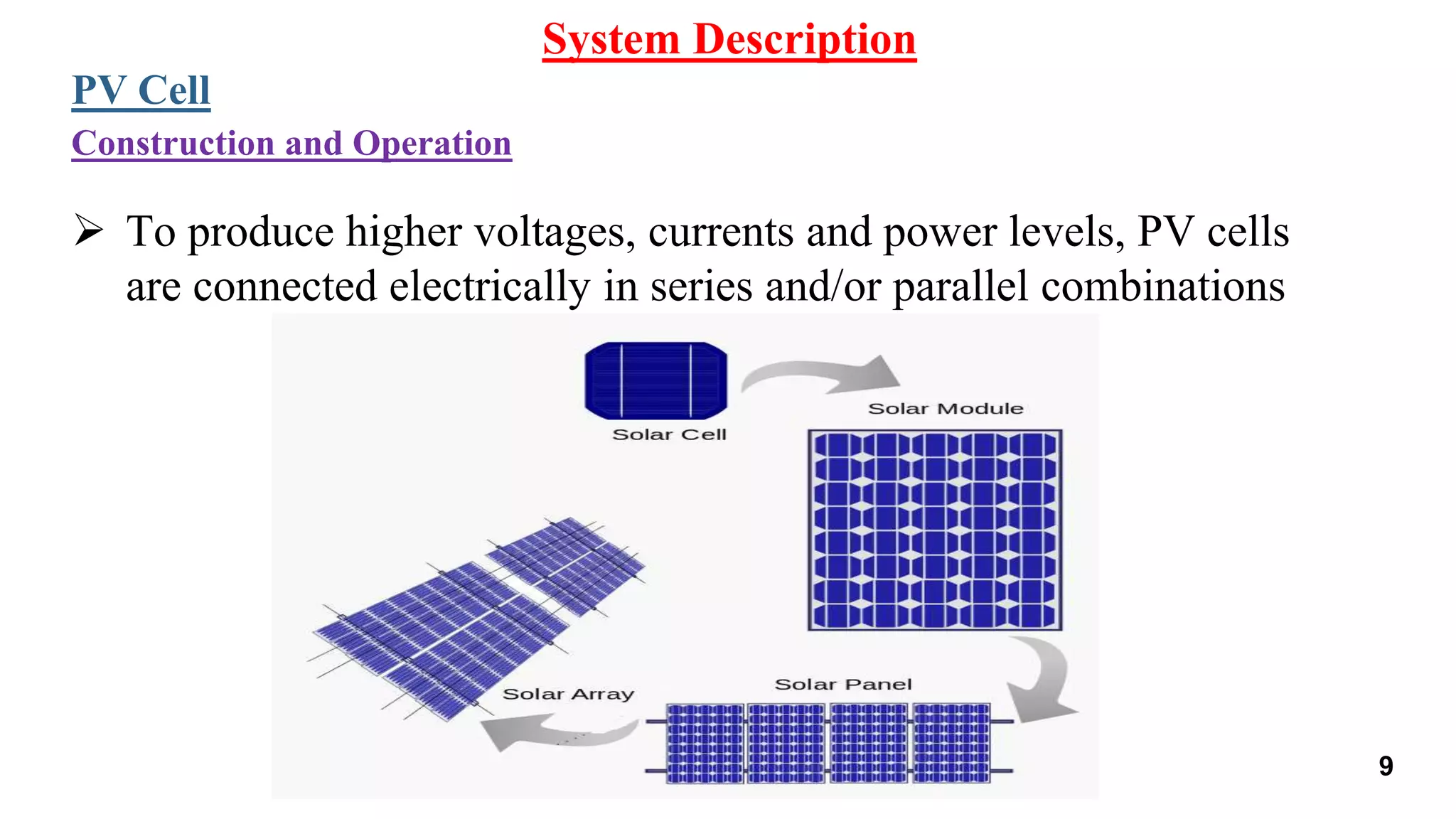  To produce higher voltages, currents and power levels, PV cells
are connected electrically in series and/or parallel combinations
System Description
PV Cell
Construction and Operation
9
 