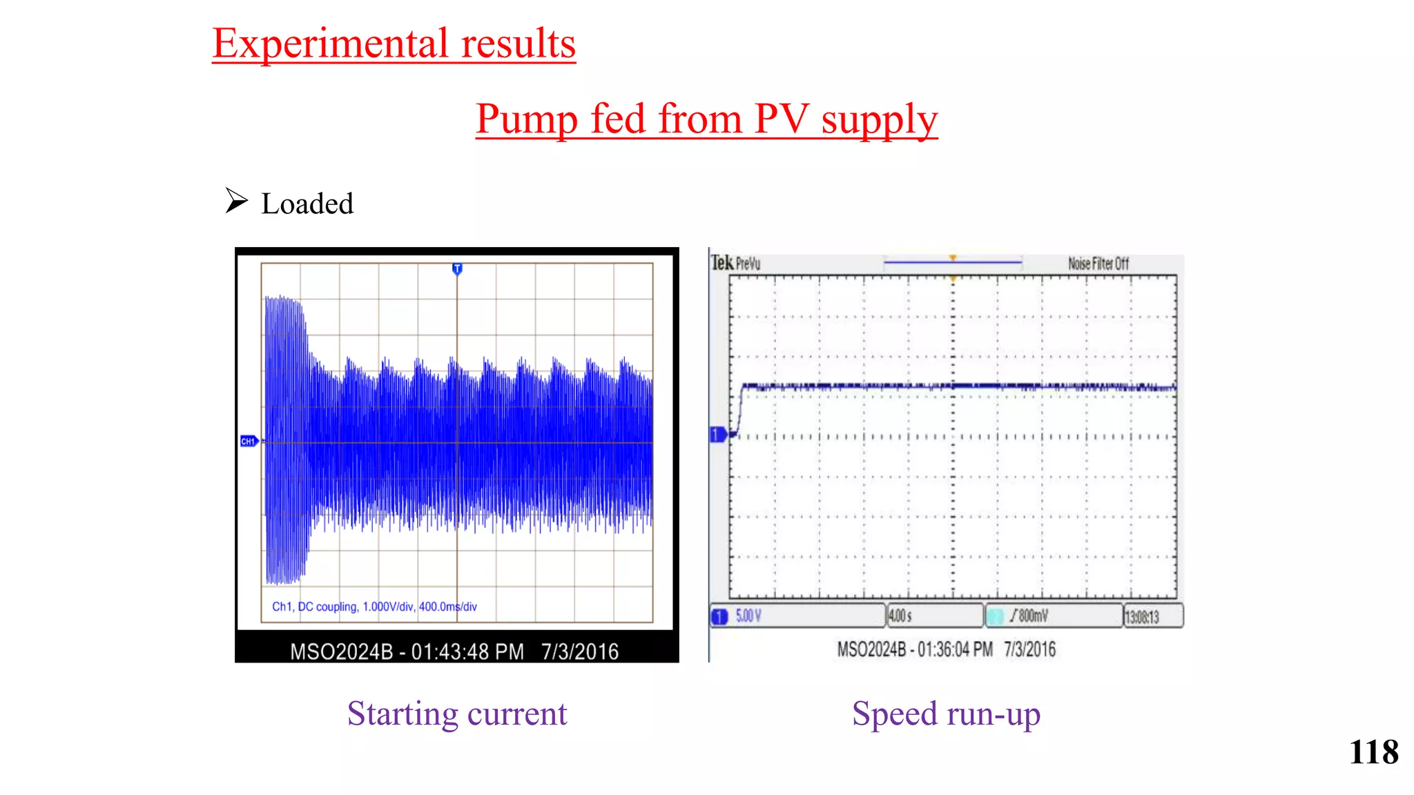 Pump fed from PV supply
 Loaded
Starting current Speed run-up
Experimental results
118
 