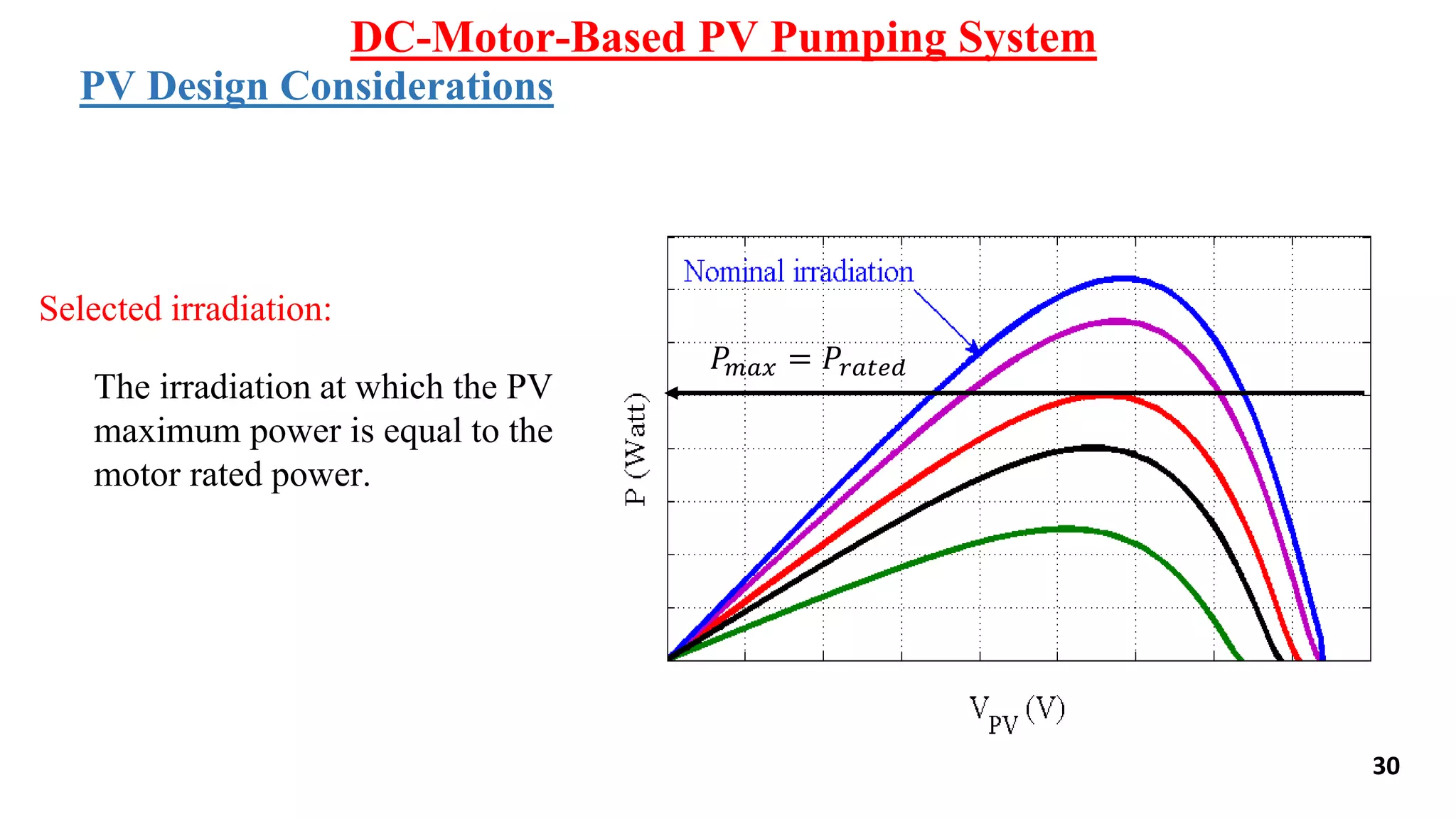 30
DC-Motor-Based PV Pumping System
PV Design Considerations
Selected irradiation:
The irradiation at which the PV
maximum power is equal to the
motor rated power.
𝑃𝑚𝑎𝑥 = 𝑃𝑟𝑎𝑡𝑒𝑑
𝑃𝑚𝑎𝑥 = 𝑃𝑟𝑎𝑡𝑒𝑑
 