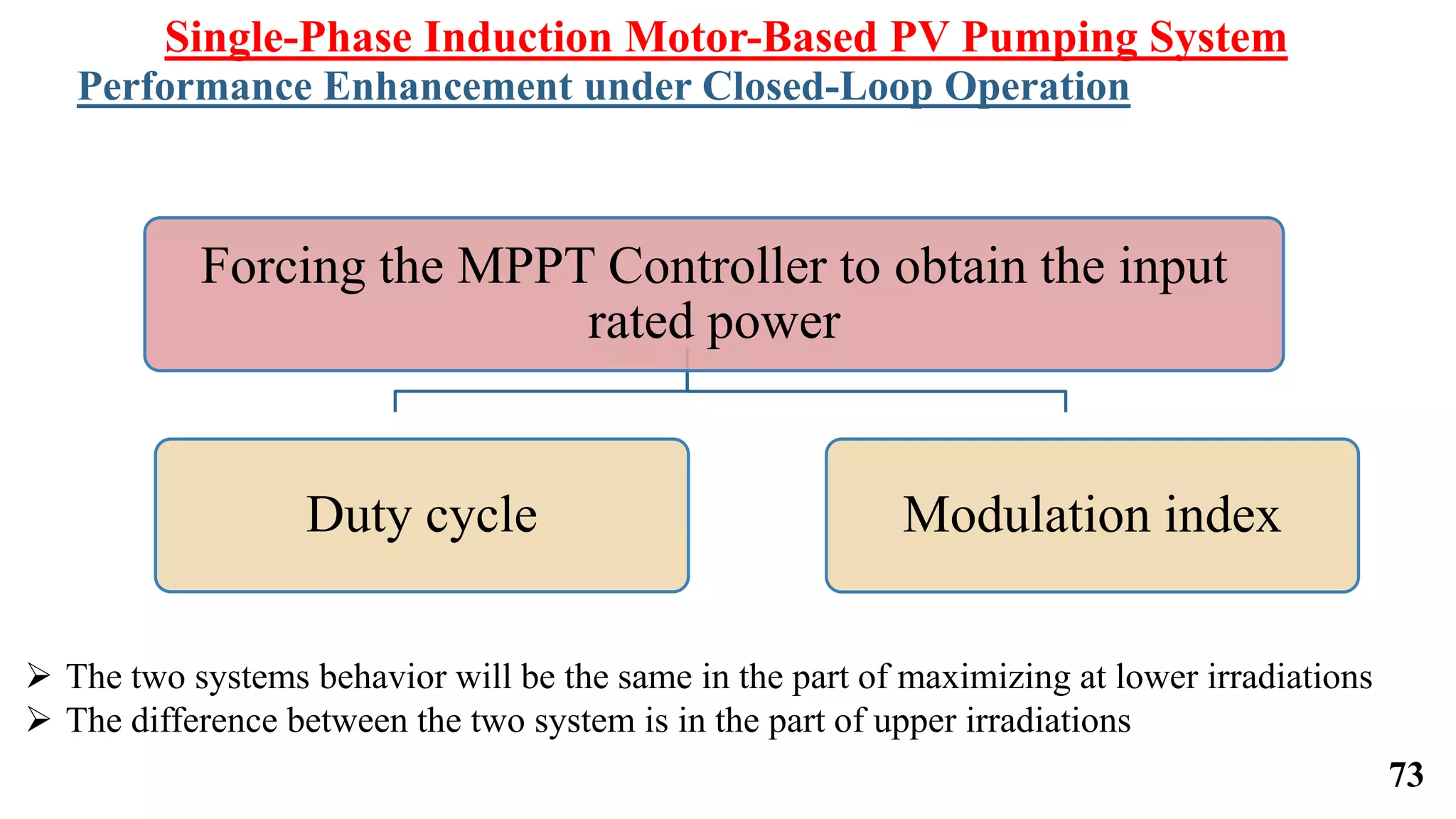 Forcing the MPPT Controller to obtain the input
rated power
Duty cycle Modulation index
Single-Phase Induction Motor-Based PV Pumping System
Performance Enhancement under Closed-Loop Operation
 The two systems behavior will be the same in the part of maximizing at lower irradiations
 The difference between the two system is in the part of upper irradiations
73
 