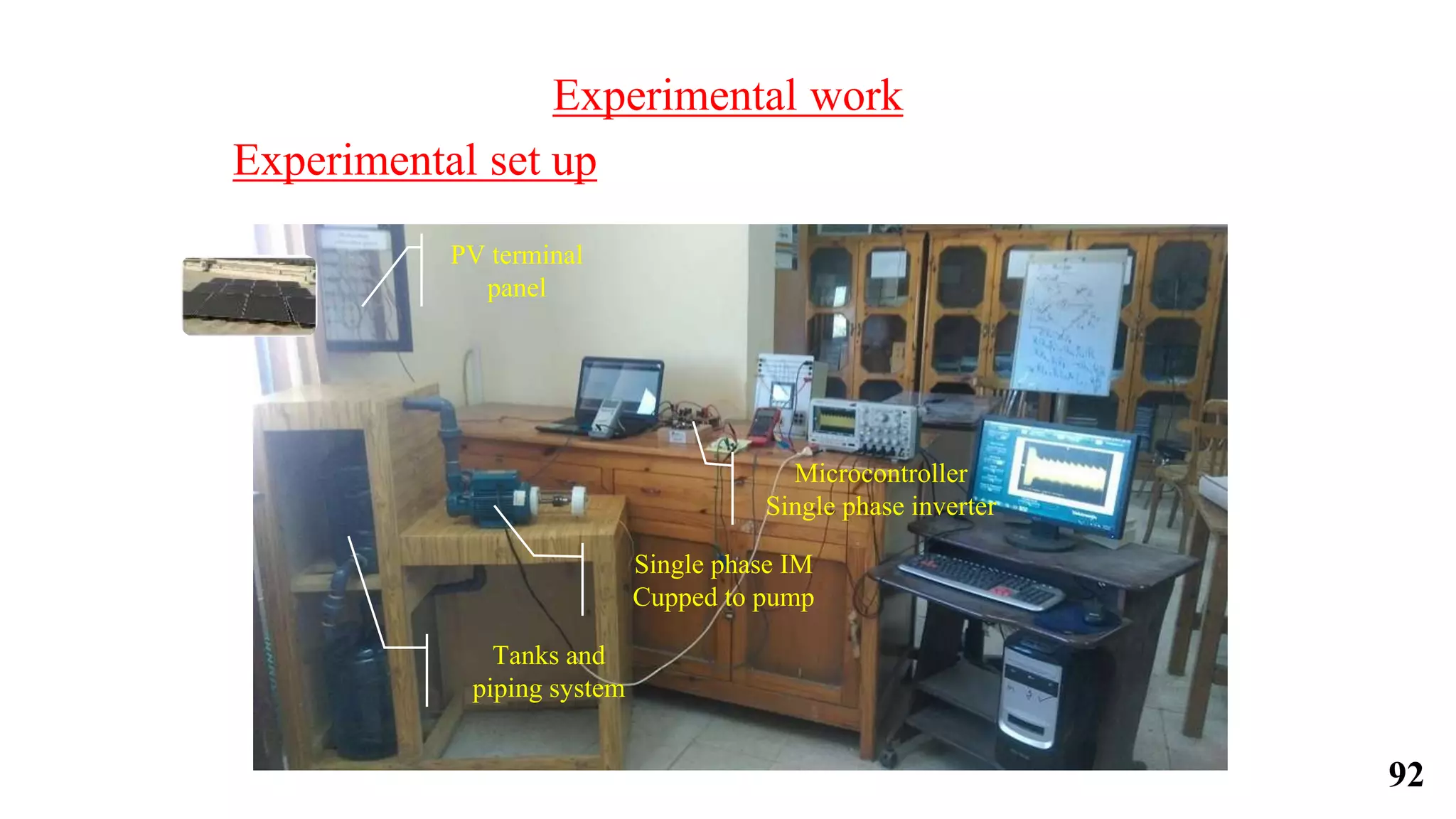 Experimental work
PV terminal
panel
Tanks and
piping system
Single phase IM
Cupped to pump
Microcontroller
Single phase inverter
Experimental set up
92
 