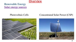 Renewable Energy
Overview
Solar energy sources
Photovoltaic Cells Concentrated Solar Power (CSP)
3
 
