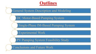 Outlines
General System Description and Modeling
DC Motor-Based Pumping System
Single-Phase IM-Based Pumping System
Experimental Work
PV Pumping System Feasibility Study
Conclusions and Future Work
 