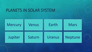 PLANETS IN SOLAR SYSTEM
Mercury Venus Earth Mars
Jupiter Saturn Uranus Neptune
 