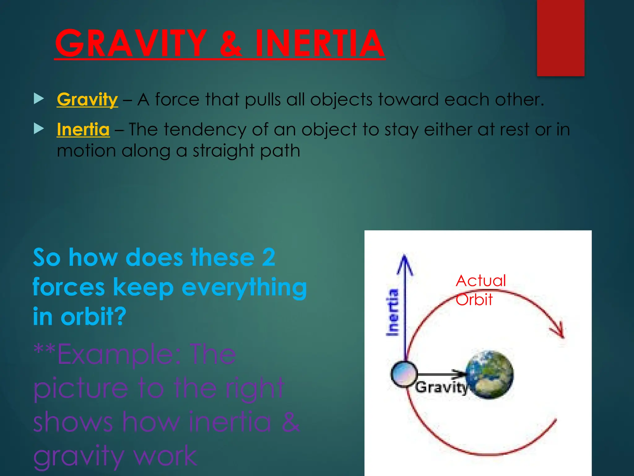 GRAVITY & INERTIA
 Gravity – A force that pulls all objects toward each other.
 Inertia – The tendency of an object to stay either at rest or in
motion along a straight path
So how does these 2
forces keep everything
in orbit?
**Example: The
picture to the right
shows how inertia &
gravity work
Actual
Orbit
 