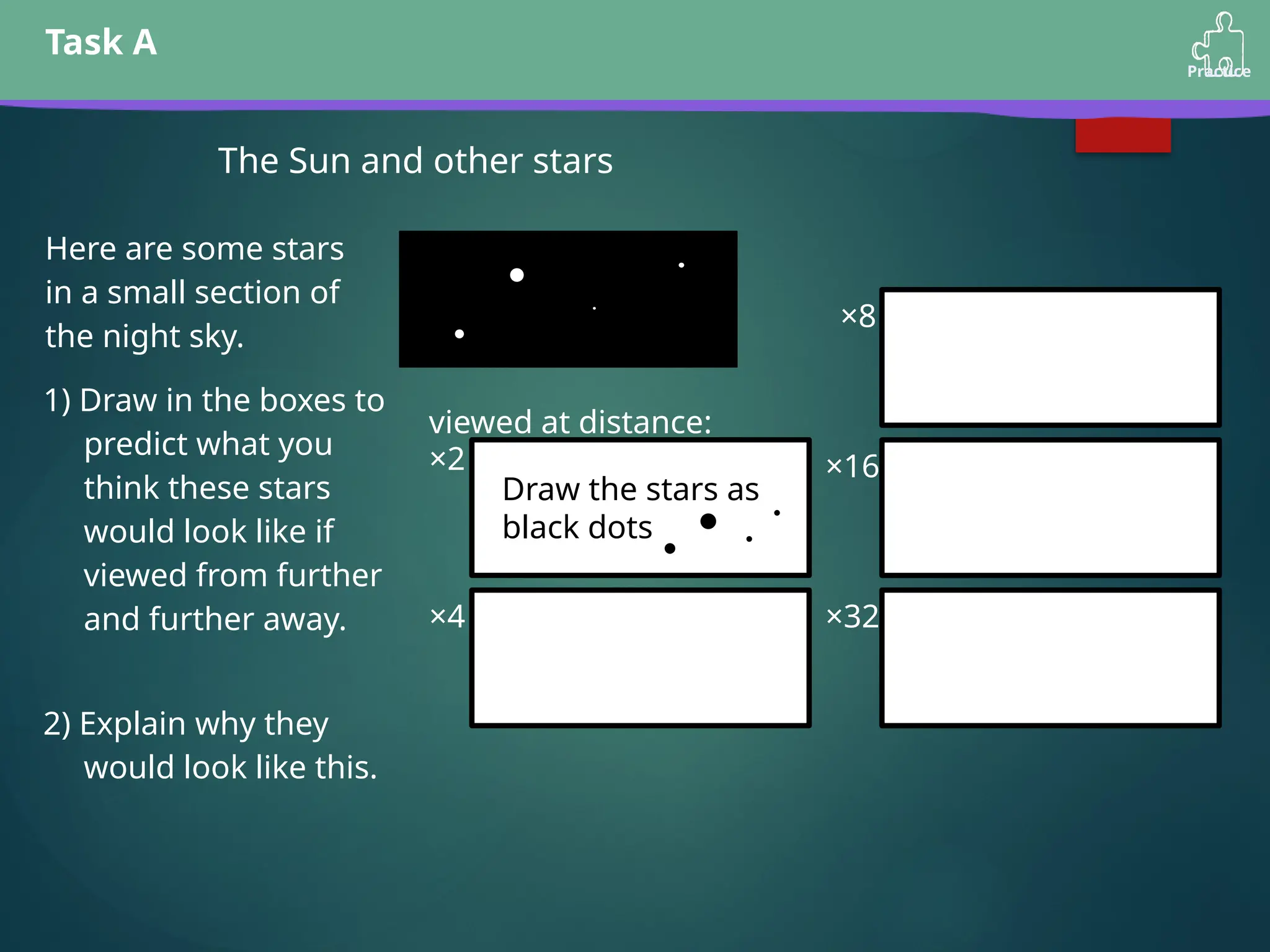 Task A
Practice
The Sun and other stars
Here are some stars
in a small section of
the night sky.
1) Draw in the boxes to
predict what you
think these stars
would look like if
viewed from further
and further away.
×2
×4
viewed at distance:
×8
×16
×32
2) Explain why they
would look like this.
Draw the stars as
black dots
 