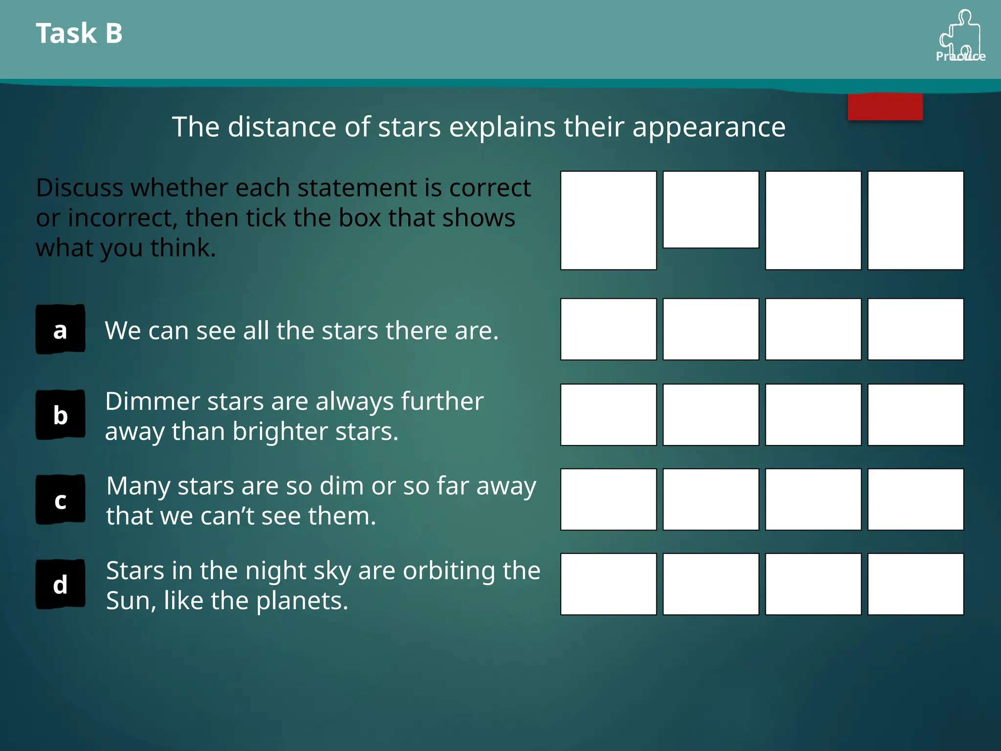 Practice
Task B
The distance of stars explains their appearance
Discuss whether each statement is correct
or incorrect, then tick the box that shows
what you think.
We can see all the stars there are.
Dimmer stars are always further
away than brighter stars.
Many stars are so dim or so far away
that we can’t see them.
Stars in the night sky are orbiting the
Sun, like the planets.
a
b
c
d
I
am sure
this is
correct
I
think this
is correct
I
think this
is
incorrect
I
am sure
this is
incorrect
 
