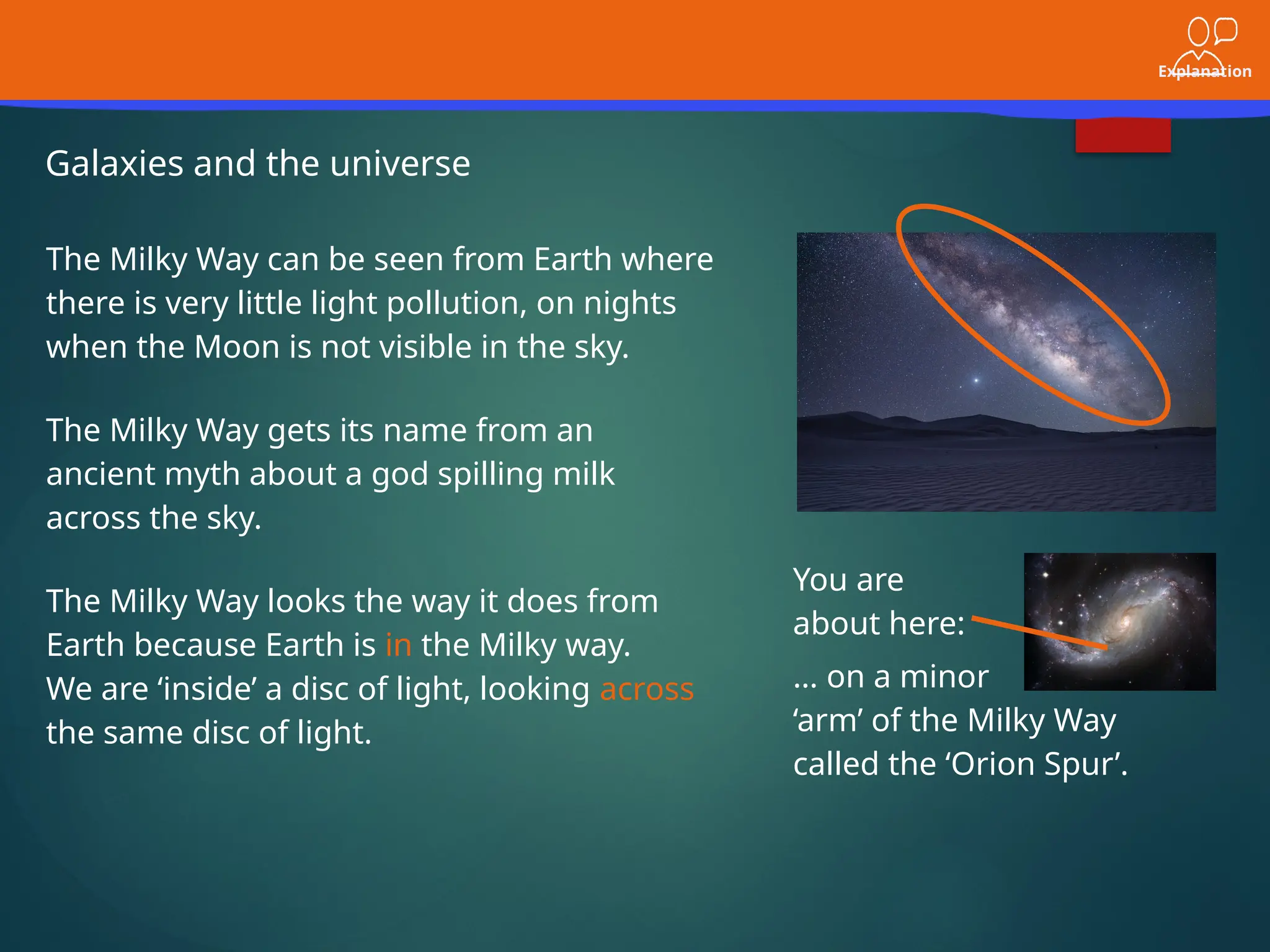 Explanation
Galaxies and the universe
The Milky Way can be seen from Earth where
there is very little light pollution, on nights
when the Moon is not visible in the sky.
You are
about here:
The Milky Way gets its name from an
ancient myth about a god spilling milk
across the sky.
The Milky Way looks the way it does from
Earth because Earth is in the Milky way.
We are ‘inside’ a disc of light, looking across
the same disc of light.
… on a minor
‘arm’ of the Milky Way
called the ‘Orion Spur’.
 