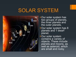 SOLAR SYSTEM
Our solar system has
two groups of planets,
the inner planets and
the outer planets.
Our solar system has 8
planets and 1 dwarf
planet.
Our solar system
contains a variety of
objects. These include
planets and moons, as
well as asteroid, which
are small and rocky.
 