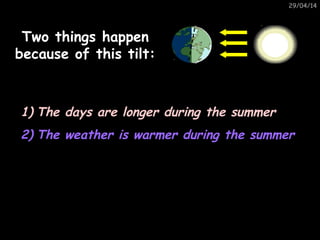 29/04/14
Two things happenTwo things happen
because of this tilt:because of this tilt:
1) The days are longer during the s...