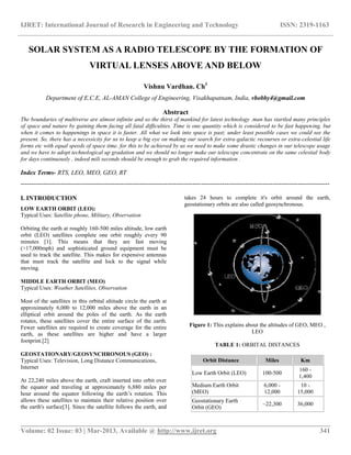 IJRET: International Journal of Research in Engineering and Technology ISSN: 2319-1163
__________________________________________________________________________________________
Volume: 02 Issue: 03 | Mar-2013, Available @ http://www.ijret.org 341
SOLAR SYSTEM AS A RADIO TELESCOPE BY THE FORMATION OF
VIRTUAL LENSES ABOVE AND BELOW
Vishnu Vardhan. Ch1
Department of E.C.E, AL-AMAN College of Engineering, Visakhapatnam, India, vbobby4@gmail.com
Abstract
The boundaries of multiverse are almost infinite and so the thirst of mankind for latest technology .man has startled many principles
of space and nature by gaining them facing all fatal difficulties. Time is one quantity which is considered to be fast happening, but
when it comes to happenings in space it is faster. All what we look into space is past; under least possible cases we could see the
present. So, there has a necessicity for us to keep a big eye on making our search for extra-galactic recourses or extra-celestial life
forms etc with equal speeds of space time. for this to be achieved by us we need to make some drastic changes in our telescope usage
and we have to adopt technological up gradation and we should no longer make our telescope concentrate on the same celestial body
for days continuously , indeed mili seconds should be enough to grab the required information .
Index Terms- RTS, LEO, MEO, GEO, RT
---------------------------------------------------------------------------------------------------------------------------------------------------
I. INTRODUCTION
LOW EARTH ORBIT (LEO):
Typical Uses: Satellite phone, Military, Observation
Orbiting the earth at roughly 160-500 miles altitude, low earth
orbit (LEO) satellites complete one orbit roughly every 90
minutes [1]. This means that they are fast moving
(>17,000mph) and sophisticated ground equipment must be
used to track the satellite. This makes for expensive antennas
that must track the satellite and lock to the signal while
moving.
MIDDLE EARTH ORBIT (MEO)
Typical Uses: Weather Satellites, Observation
Most of the satellites in this orbital altitude circle the earth at
approximately 6,000 to 12,000 miles above the earth in an
elliptical orbit around the poles of the earth. As the earth
rotates, these satellites cover the entire surface of the earth.
Fewer satellites are required to create coverage for the entire
earth, as these satellites are higher and have a larger
footprint.[2]
GEOSTATIONARY/GEOSYNCHRONOUS (GEO) :
Typical Uses: Television, Long Distance Communications,
Internet
At 22,240 miles above the earth, craft inserted into orbit over
the equator and traveling at approximately 6,880 miles per
hour around the equator following the earth’s rotation. This
allows these satellites to maintain their relative position over
the earth's surface[3]. Since the satellite follows the earth, and
takes 24 hours to complete it's orbit around the earth,
geostationary orbits are also called geosynchronous.
Figure 1: This explains about the altitudes of GEO, MEO ,
LEO
TABLE 1: ORBITAL DISTANCES
Orbit Distance Miles Km
Low Earth Orbit (LEO) 100-500
160 -
1,400
Medium Earth Orbit
(MEO)
6,000 -
12,000
10 -
15,000
Geostationary Earth
Orbit (GEO)
~22,300 36,000
 