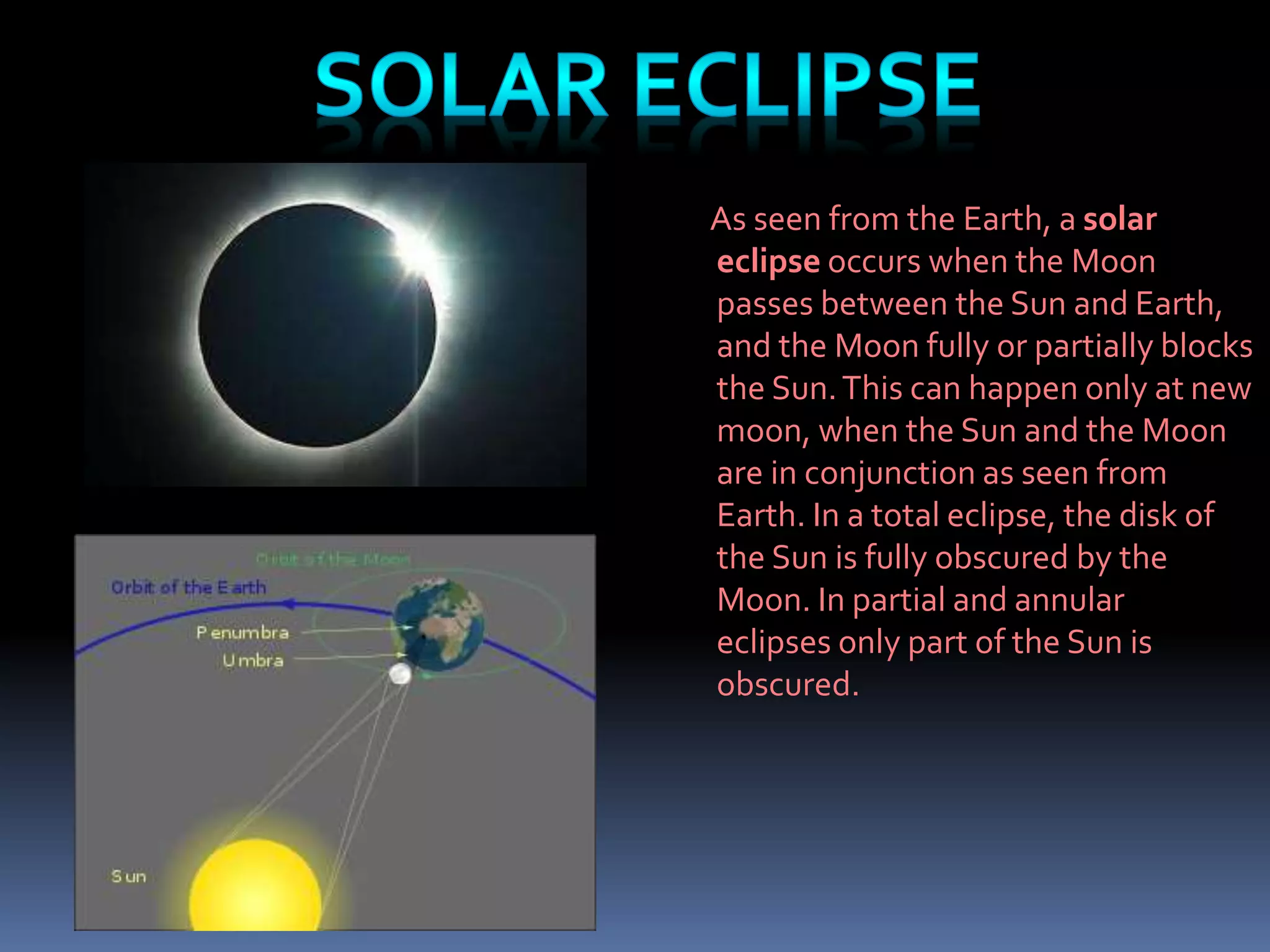 As seen from the Earth, a solar
eclipse occurs when the Moon
passes between the Sun and Earth,
and the Moon fully or partially blocks
the Sun.This can happen only at new
moon, when the Sun and the Moon
are in conjunction as seen from
Earth. In a total eclipse, the disk of
the Sun is fully obscured by the
Moon. In partial and annular
eclipses only part of the Sun is
obscured.
 
