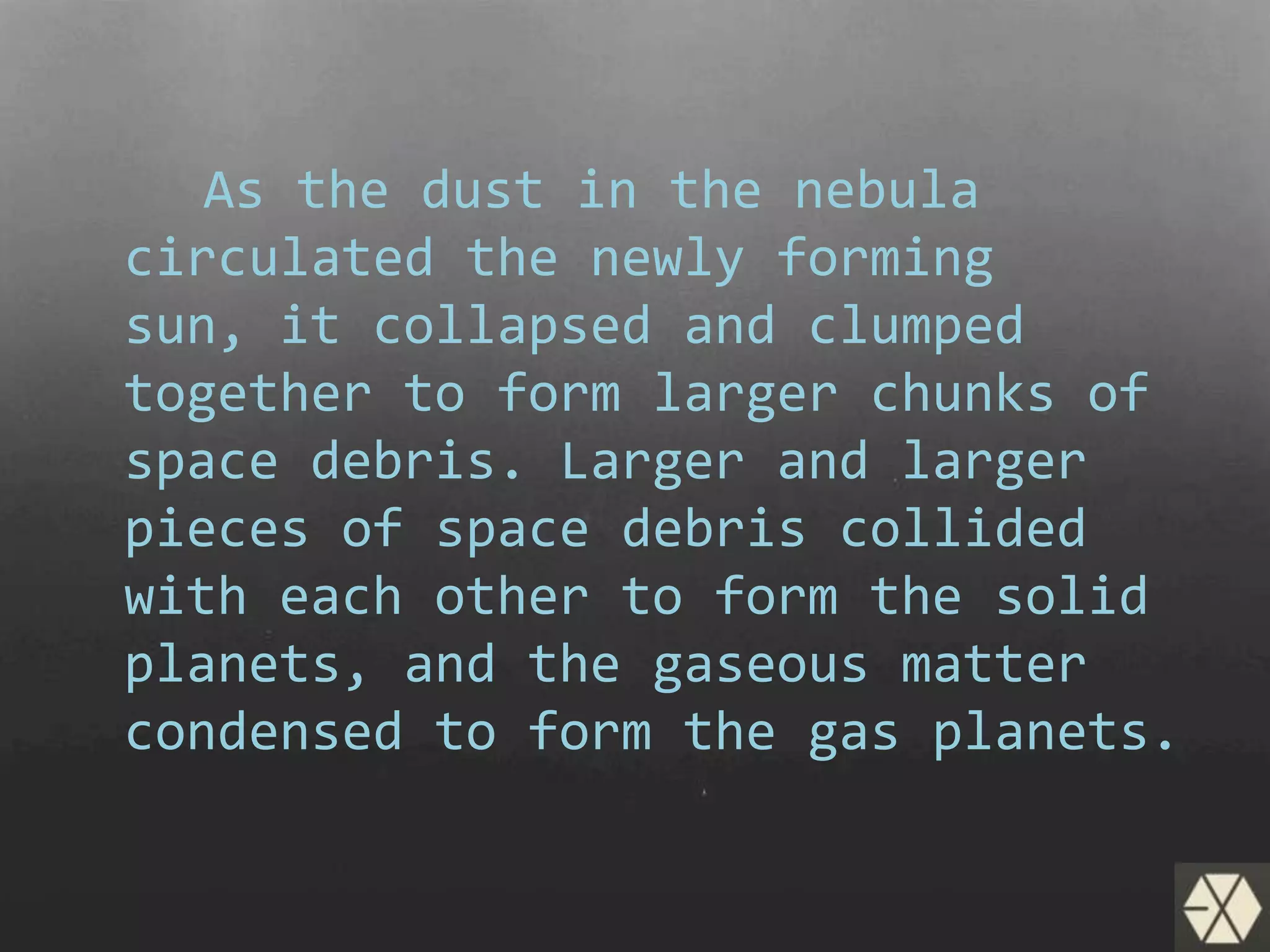 As the dust in the nebula
circulated the newly forming
sun, it collapsed and clumped
together to form larger chunks of
space debris. Larger and larger
pieces of space debris collided
with each other to form the solid
planets, and the gaseous matter
condensed to form the gas planets.
 