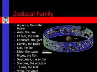 Zodiacal Family
   Aquarius, the water
    bearer
   Aries, the ram
   Cancer, the crab
   Capricorn, the goat
   Gemini, the twins
   Leo, the lion
   Libra, the scales
   Pisces, the fish
   Sagittarius, the archer
   Scorpius, the scorpion
   Taurus, the bull
 