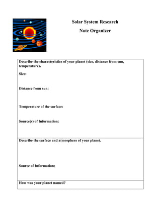 Solar System Research
Note Organizer
Describe the characteristics of your planet (size, distance from sun,
temperature).
Size:
Distance from sun:
Temperature of the surface:
Source(s) of Information:
Describe the surface and atmosphere of your planet.
Source of Information:
How was your planet named?
 