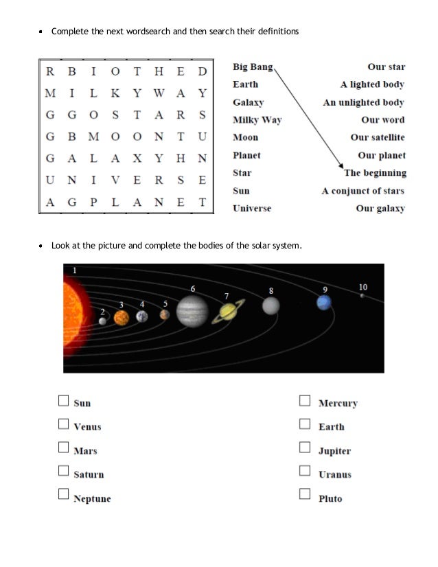 Solar system worksheet