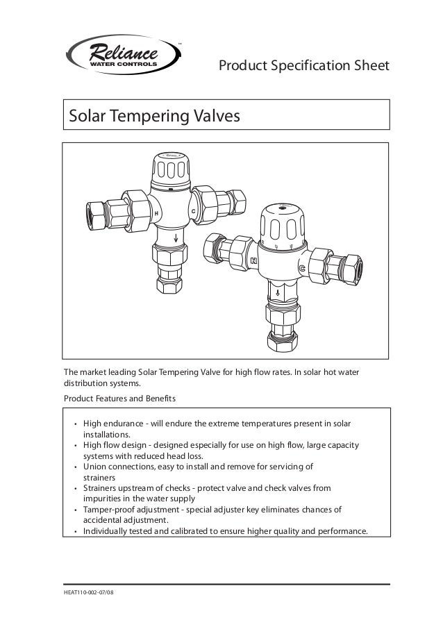 Solar Tempering Valve & Thermostatic Mixing Valve Spec Sheet