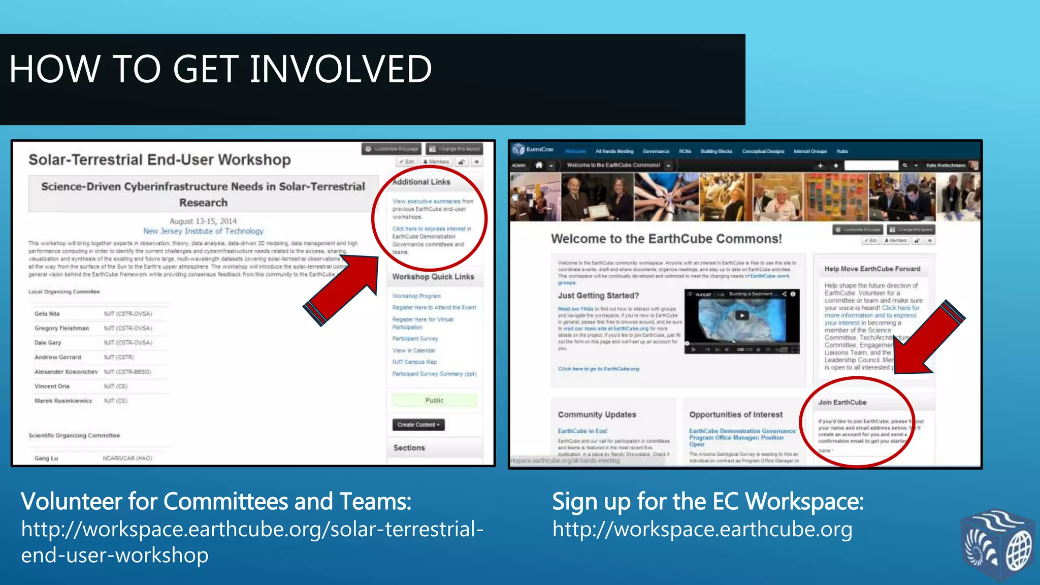HOW TO GET INVOLVED
Volunteer for Committees and Teams:
http://workspace.earthcube.org/solar-terrestrial-
end-user-workshop
Sign up for the EC Workspace:
http://workspace.earthcube.org
 