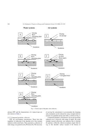 advance FPC and the characteristics of a typical type are
also shown in Table 2.
2.1.2. Compound parabolic collectors
CPC are non-imaging concentrators. These have the
capability of reflecting to the absorber all of the incident
radiation within wide limits. Their potential as collectors of
solar energy was pointed out by Winston [44]. The necessity
of moving the concentrator to accommodate the changing
solar orientation can be reduced by using a trough with two
sections of a parabola facing each other, as shown in Fig. 4.
Compound parabolic concentrators can accept incoming
radiation over a relatively wide range of angles. By using
multiple internal reflections, any radiation that is entering
the aperture, within the collector acceptance angle, finds its
way to the absorber surface located at the bottom of
Fig. 3. Various types of flat-plate solar collectors.
S.A. Kalogirou / Progress in Energy and Combustion Science 30 (2004) 231–295
244
 