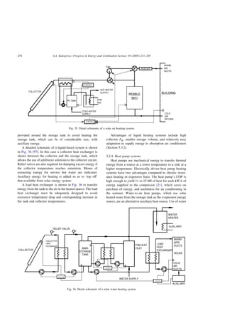 provided around the storage tank to avoid heating the
storage tank, which can be of considerable size, with
auxiliary energy.
A detailed schematic of a liquid-based system is shown
in Fig. 36 [97]. In this case a collector heat exchanger is
shown between the collector and the storage tank, which
allows the use of antifreeze solutions to the collector circuit.
Relief valves are also required for dumping excess energy if
the collector temperature reaches saturation. Means of
extracting energy for service hot water are indicated.
Auxiliary energy for heating is added so as to ‘top off’
that available from solar energy system.
A load heat exchanger is shown in Fig. 36 to transfer
energy from the tank to the air in the heated spaces. The load
heat exchanger must be adequately designed to avoid
excessive temperature drop and corresponding increase in
the tank and collector temperatures.
Advantages of liquid heating systems include high
collector FR; smaller storage volume, and relatively easy
adaptation to supply energy to absorption air conditioners
(Section 5.3.2).
5.2.4. Heat pump systems
Heat pumps use mechanical energy to transfer thermal
energy from a source at a lower temperature to a sink at a
higher temperature. Electrically driven heat pump heating
systems have two advantages compared to electric resist-
ance heating or expensive fuels. The heat pump’s COP is
high enough to yield 11 to 15 MJ of heat for each kW h of
energy supplied to the compressor [21], which saves on
purchase of energy, and usefulness for air conditioning in
the summer. Water-to-air heat pumps, which use solar
heated water from the storage tank as the evaporator energy
source, are an alternative auxiliary heat source. Use of water
Fig. 35. Detail schematic of a solar air heating system.
Fig. 36. Detail schematic of a solar water heating system.
S.A. Kalogirou / Progress in Energy and Combustion Science 30 (2004) 231–295
278
 