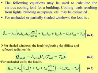  The following equations may be used to calculate the
various cooling load for a building. Cooling loads resulting
from lights, building occupants, etc. may be estimated .
 For unshaded or partially shaded windows, the load is :
For shaded windows, the load (neglecting sky diffuse and
reflected radiation ) is:
(6.1)
(6.2)
(6.3)
For unshaded walls, the load is:
 