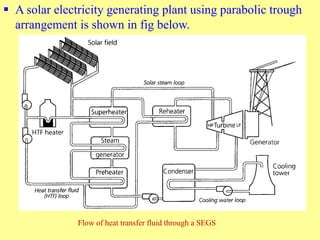  A solar electricity generating plant using parabolic trough
arrangement is shown in fig below.
Flow of heat transfer fluid through a SEGS
 