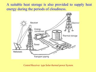 A suitable heat storage is also provided to supply heat
energy during the periods of cloudiness.
Central Receiver type Solar thermal power System
 