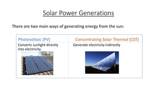 Solar Power Generations
There are two main ways of generating energy from the sun:
Photovoltaic (PV)
Converts sunlight dir...