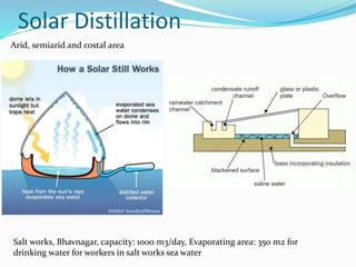 Solar Distillation
Arid, semiarid and costal area
Salt works, Bhavnagar, capacity: 1000 m3/day, Evaporating area: 350 m2 for
drinking water for workers in salt works sea water
 