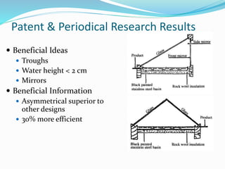 Patent & Periodical Research Results
 Beneficial Ideas
 Troughs
 Water height < 2 cm
 Mirrors
 Beneficial Information
 Asymmetrical superior to
other designs
 30% more efficient
 