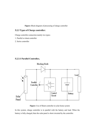 Figure: Block diagram of processing of charge controller

5.2.3 Types of Charge controller:

Charge controller connection mainly two types-
1. Parallel or shunt controller
2. Series controller




5.2.3.1 Parallel Controller:




                       Figure: Use of Shunt controller in solar home system

In this system, charge controller is in parallel with the battery and load. When the
battery is fully charged, then the solar panel is short circuited by the controller.
 