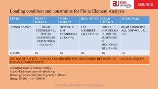 Loading condition and constraints for Finite Element Analysis
FACTOR OF SAFETY: ALWAYS CONSIDERED FOR THIS DESIGN BETWEEN 0.5 – 1 ACCORDING TO
THE ANALYSIS RESULTS.
Estimated mass of vehicle=200 kg
Let, G=Estimated mass of vehicle × g
Where, g= acceleration due to gravity ≈ 10 m/s2
Hence, G=200 × 10 = 2000 N
TESTS FRONT
IMPACT
SIDE
IMPACT
ROLL OVER REAR
IMPACT
TORSIONAL
CONSTRAINTS REAR
CORNERS(ALL
DOF=0);
SUSPENSION
MOUNTINGS
(Uy,Uz=0)
OPPOSITE
SIM
MEMBERS(A
LL DOF=0)
LFS
MEMBERS
(ALL DOF=0)
FRONT
CORNERS(A
LL DOF=0);
SUSPENSIO
N
MOUNTING
S(Uy, Uz=0)
REAR CORNERS (
ALL DOF=0, UX, UY
=0 )
LOADS 4G 6G 2G 4G 1G
Presenting the Major Project Report
 