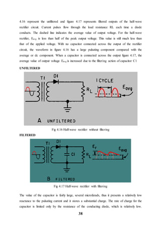38
4.16 represent the unfiltered and figure 4.17 represents filtered outputs of the half-wave
rectifier circuit. Current pulses flow through the load resistance RL each time a diode
conducts. The dashed line indicates the average value of output voltage. For the half-wave
rectifier, Eavg is less than half of the peak output voltage. This value is still much less than
that of the applied voltage. With no capacitor connected across the output of the rectifier
circuit, the waveform in figure 4.16 has a large pulsating component compared with the
average or dc component. When a capacitor is connected across the output figure 4.17, the
average value of output voltage Eavg is increased due to the filtering action of capacitor C1
UNFILTERED
Fig 4.16 Half-wave rectifier without filtering
FILTERED
Fig 4.17 Half-wave rectifier with filtering
The value of the capacitor is fairly large, several microfarads, thus it presents a relatively low
reactance to the pulsating current and it stores a substantial charge. The rate of charge for the
capacitor is limited only by the resistance of the conducting diode, which is relatively low.
 