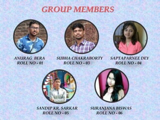 ANURAG BERA
ROLL NO - 01
SUBHA CHAKRABORTY
ROLL NO - 03
SAPTAPARNEE DEY
ROLL NO - 04
SANDIP KR. SARKAR
ROLL NO - 05
SURANJANA BISWAS
ROLL NO - 06
GROUP MEMBERS
 