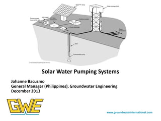 Solar Water Pumping Systems
Seb Fisher
Managing Director, Groundwater Engineering
January 2014

www.groundwaterinternational.com

 