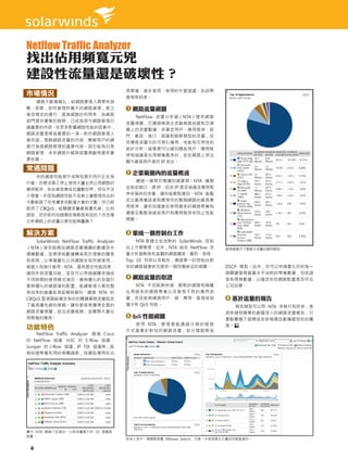 Netflow Traffic Analyzer
找出佔用頻寬元兇
建設性流量還是破壞性？
                                          用帶寬、誰在使用、使用的什麼協議、在訪問
市場情況                                      誰等等訊息。
  網路不斷複雜化，給網路管理人員帶來挑
戰。那麼，如何管理好龐大的網路資源，使之                      1   網路流量視圖
高效穩定的運行，提高網路的利用率，為業務
                                            NetFlow 流量分析器（NTA）提供網路
部門提供優質的服務，已成為現今網路管理日
                                          流量視圖，它通過檢測主流廠商路由器和交換
趨重要的內容。在眾多影響網路性能的因素中，
                                          機上的流量數據、來確定用戶、應用程序、部
網路流量是極為重要的一項。對於網路管理人
                                          門、會話、接口、協議和服務類型的流量，從
員來說，理解網路流量的內容、瞭解用戶的網
                                          而導致深層次的可視化應用，性能和可用性的
路行為是網路管理的重要內容。因它能為日常
                                          統計分析。這樣便可以識別哪些用戶、應用程
網路管理、未來網路升級與容量規劃等提供重
                                          序和協議是佔用頻寬最多的，並在網路上突出
要依據。
                                          顯示最高用戶者的 IP 地址。
常遇問題
                                          2   企業範圍內的流量概述
  你的網路性能提升或降低基於用戶正在做
什麼。你懇求員工停止使用大量佔用公用網路的                       通過一個易於閱讀的摘要頁。NTA 繪製
應用程序，如在線音樂或玩魔獸世界，但似乎沒                     從指定端口、源 IP、目地 IP 甚至協議及應用程
人理會。你因為網路性能不佳被上層管理找去的                     序名稱來的流量，讓你能輕鬆識別。NTA 能鑑
次數躲過了你考慮參加動漫大會的次數。你已經                     定出最高會話者和貫穿你的整個網路的最高應
啟用了 CBQoS，給關鍵流量最高優先級，比如                   用程序，讓你知道誰在使用最多的網路帶寬和
語音，但你如何知道哪些策略是有效的？你怎樣                     通過主動監測這些用戶和應用程序來防止性能
分析網路上的流量以便你能夠響應？                          問題。


解決方案                                      3   集成一個控制台工作
   SolarWinds NetFlow Traffic Analyzer        NTA 是建立在成熟的 SolarWinds 控制
（NTA）使你能夠從網路流量連續的數據流中                     台上方便管理。此外，NTA 結合 NetFlow 流         管理員還可了解最大流量的應用類型。
捕獲數據，並將原始數據轉為易於理解的圖表                      量分析器熟悉和直觀的網路圖表、圖形、表格、
和表格，以準確量化公共網路在如何被使用，                      Top 10 列表以及報告，通過單一的控制台對
被誰人和做什麼用。NTA　提供歷史性能訊息、                    你的網路健康狀況提供一個完整綜合的視圖。               DSCP 類型。此外，你可以快速量化你的每一
識別外部流量功能，並且可以用曲線圖來描述                                                         個關鍵服務質量水平消耗的帶寬數量，包括語
                                          4   網路流量的取證
不同時間的使用模式情況。擁有優化的存儲引                                                         音和視頻數據，以確定你的網路配置是否符合
擎與優化的網路資料配置，能讓管理人員完整                        NTA 不但能夠快速、輕鬆的調查和隔離              公司目標。
有效率的維護各項設備與資料。通過 NTA 的                    佔用過多的網路帶寬以及意想不到的應用流
CBQoS 監視器能確定為你的關鍵業務流量設定                   量，而且能夠通過用戶、組、應用、區域或協               6   基於流量的報告
了最高優先級的策略。讓你更容易獲得全面的                      議分析 QoS 性能。                           報告類型可以用 NTA 來執行和安排，使
網路流量視圖，找出流量瓶頸，並關閉大量佔                                                         其快速和簡單的創建深入的網路流量報告，只
                                          5   QoS 性能視圖
用帶寬的應用。                                                                      要點擊幾下鼠標或安排每週自動傳遞到你的團
                                            使 用 NTA， 管 理 員 能 通 過 分 類 的 服 務   隊。
功能特色                                      方式查看針對性的網路流量，如分類服務或
     NetFlow Traffic Analyzer 通 過 Cisco
的 NetFlow 協議、H3C 的 S-flow 協議、
Juniper 的 J-flow 協議，IP FIX 協議等，能
夠知道帶寬利用的相關細節，如哪些應用在佔




圖中 NTA 歸納了在過去一小時流量最大的 10 個網路
裝置。
                                          若深入其中一個網路裝置 VMware Switch，可進一步發現產生大量的伺服器資料。

 4
 